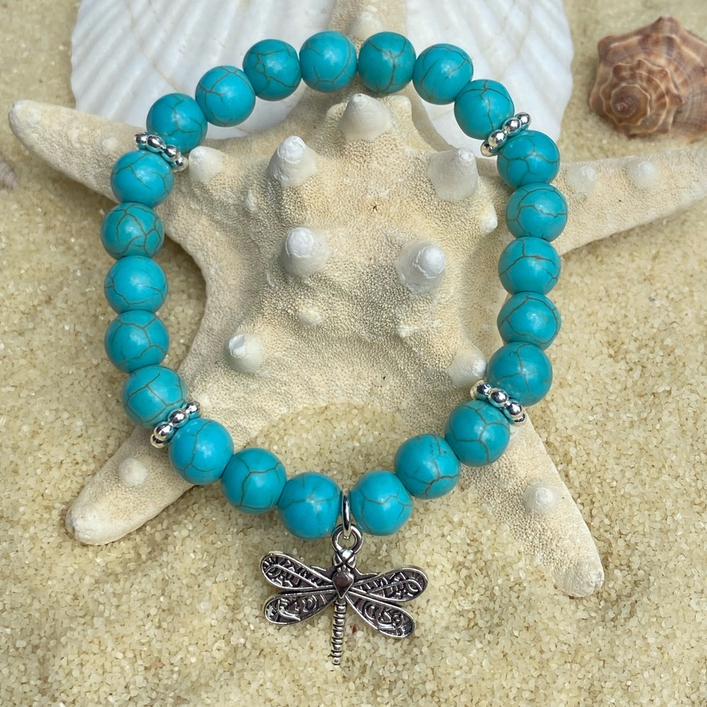 Beaded Bracelet - turquoise and silver tone with dragonfly charm